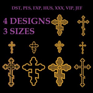Puede incluir: Imagen con nueve cruces ortodoxas doradas sobre un fondo negro. El texto "4 DESIGNS" y "3 SIZES" es de color púrpura. La parte superior de la imagen tiene el texto "DST, PES, EXP, HUS, XXX, VIP, JEF".