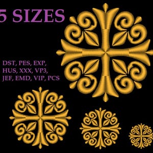 May include: Gold embroidered cross design in five sizes, set against a black background. The design features ornate scrollwork and leaf-like elements. Text at the top reads "5 SIZES", and below are file format abbreviations.