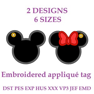Embroidery files “Mickey and Minnie”. Tag with a “Mouse Head” appliqué. Mickey Mouse. Embroidery designs for label. Embroidery hang tag.