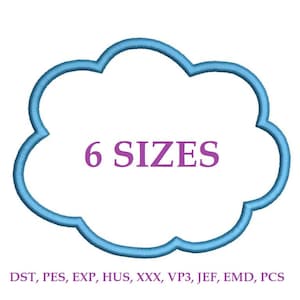 May include: A light blue cloud-shaped design with the text "6 SIZES" in purple. The design is surrounded by a light blue border. Below the cloud are the letters "DST, PES, EXP, HUS, XXX, VP3, JEF, EMD, PCS."