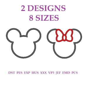 May include: Two cartoon mouse head designs, one with a red bow, are displayed. The text above reads "2 DESIGNS 8 SIZES" in purple. Below the designs are embroidery file formats: DST PES EXP HUS XXX VP3 JEF EMD PCS.