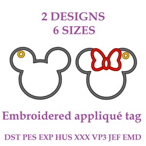 Embroidery files “Mickey and Minnie”. Tag with a “Mouse Head” appliqué. Mickey Mouse. Embroidery designs for label. Embroidery hang tag.