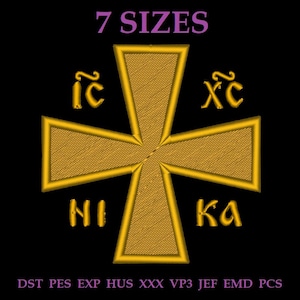 May include: A gold-colored embroidered cross design on a black background. The text 7 SIZES appears at the top, and the letters IC XC NI KA are positioned around the cross. The bottom lists file formats: DST PES EXP HUS XXX VP3 JEF EMD PCS.