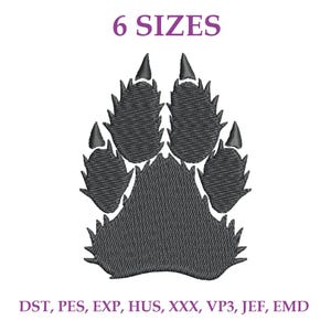 May include: A dark grey embroidered animal paw print design featuring sharp claw details. The text 6 SIZES is positioned above the graphic, and the text DST, PES, EXP, HUS, XXX, VP3, JEF, EMD is displayed below the paw print in purple font.