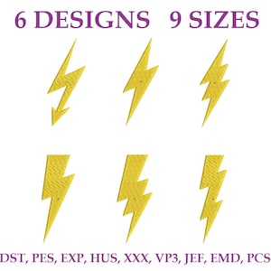 May include: Six yellow lightning bolt embroidery designs arranged in two rows of three. The text 6 DESIGNS 9 SIZES appears at the top, and the text DST, PES, EXP, HUS, XXX, VP3, JEF, EMD, PCS is displayed at the bottom in purple font.