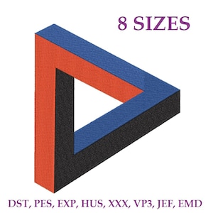 May include: An embroidery design of an impossible triangle featuring red, blue, and black segments. The text 8 SIZES is positioned above the triangle, and the text DST, PES, EXP, HUS, XXX, VP3, JEF, EMD is positioned below the triangle.