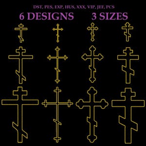 Op de afbeelding: Een zwarte achtergrond toont zes goudkleurige kruisontwerpen, elk omlijnd met kleine stippen. De tekst "6 DESIGNS" en "3 SIZES" is in paars. De afbeelding bevat ook de tekst "DST, PES, EXP, HUS, XXX, VIP, JEF, PCS".