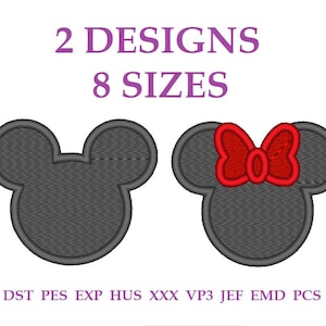 Fichiers de broderie « Mickey et Minnie ». Appliqué brodé. Tête de souris. Mickey Mouse. Motifs de broderie pour enfants. Fichiers de broderie de dessin animé.
