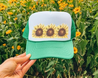 3 Sunflowers Trucker Hat, Sunflower cap, sunflower hiking hat, Sunflower hat, Sunflower Mesh Hat, Sunflower garden hat