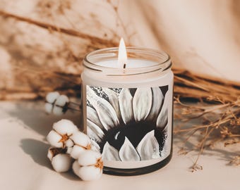 Black and white sunflower Scented Soy Candle | Aromatherapy, Home Decor, Relaxation, Gift for Her, Valentine's Day, Floral Design