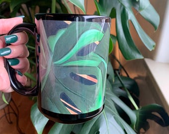Monstera Plant Black Mug (11oz, 15oz), Monstera Lovers Gift, Monstera Decor Gift, Monstera Mom Gift, Monstera Dad Gift, Monstera Gift Idea
