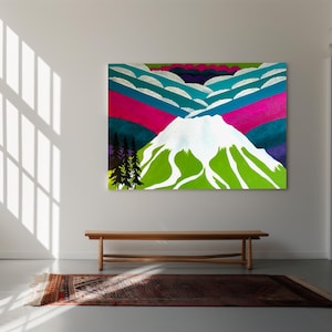Mount Bachelor Oregon Art Poster, abstract bergkunstwerk, kleurrijke bocht, Oregon Art Print, neon Mountain Art Print