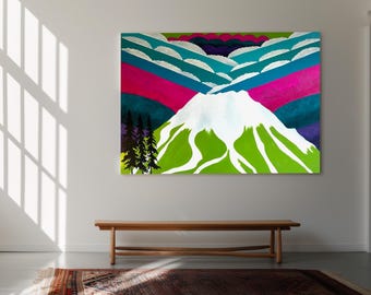 Póster de arte de Mount Bachelor, Oregón, obra de arte abstracta de montaña, curva colorida, impresión artística de Oregón, impresión artística de montaña de neón