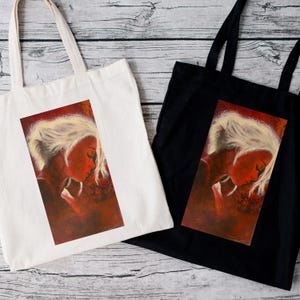 Woman with red background Cotton Canvas Tote, Shopping Bag, Tote with Painting, Gift for Her, Toteful bags,
