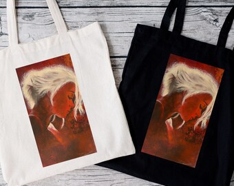 Woman with red background Cotton Canvas Tote, Shopping Bag, Tote with Painting, Gift for Her, Toteful bags,