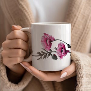 Pink Poppy Mug, Pink Floral Coffee Cup, Painted Flower Mug, Floral Tea Lover Gift, Coffee Lover Gift, Christmas Mug Set