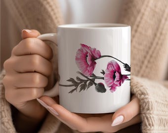 Pink Poppy Mug, Pink Floral Coffee Cup, Painted Flower Mug, Floral Tea Lover Gift, Coffee Lover Gift, Christmas Mug Set