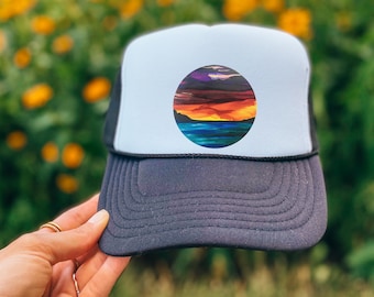 Sunset Trucker Hat, Abstract Trucker Hat, Alcohol Ink Hat, Sunset Mesh Cap, Rainbow Sunset Hat