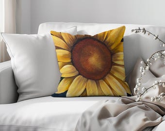 Yellow Sunflower Pillow, Large Yellow Flower Pillow, Close Up Sunflower, Sunflower Painting Pillow, Autumn Sunflower Pillow
