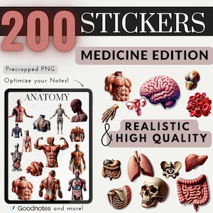Könnte beinhalten: 200 vorgefertigte PNG-Aufkleber der menschlichen Anatomie, einschließlich Organe, Knochen und Muskeln. Die Aufkleber sind mit "Anatomie" und "Medizin-Edition" beschriftet und werden als "realistisch und von hoher Qualität" beschrieben.