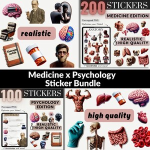 Könnte beinhalten: Ein Sticker-Bundle mit Medizin- und Psychologie-Themen. Das Bild enthält Aufkleber von Gehirn, Anatomie, Therapie-Notizen und Pillen. Der Text auf dem Bild lautet "Medicine x Psychology Sticker Bundle" und "Realistic High Quality".