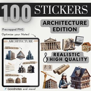 Puede incluir: Un conjunto de pegatinas digitales con la etiqueta "100 STICKERS" y "Architecture Edition". La imagen presenta ilustraciones de estilos arquitectónicos, con el texto "Realistic & High Quality."