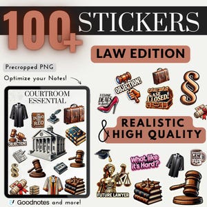 May include: A set of 100+ digital stickers featuring law-themed illustrations. The stickers are pre-cropped PNG files and are optimized for note-taking apps like Goodnotes. The stickers include images of a courthouse, gavel, scales of justice, legal documents, and other law-related symbols. The stickers are in a cartoon style and are colorful and vibrant.