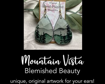 Lightweight Earrings with Original Artwork, Hand-Painted Watercolor, Mountain Vista, Blemished