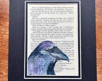 Raven Watercolor on Vintage Book Page – Alaska Raven Art, Gothic Bird Painting