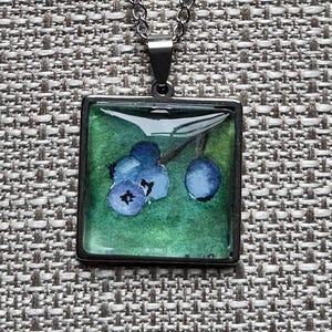 Blueberry Necklace – Dark Background, Hand-Painted Watercolor, Square 25mm Pendant, Nature-Inspired Jewelry