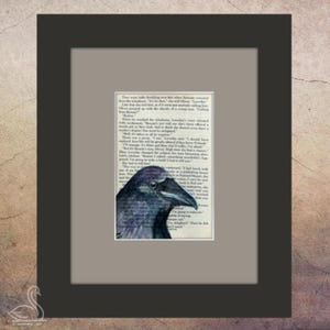 Raven Watercolor on Vintage Book Page – 5x7 Gothic Crow Wall Art – Original Bird Lover Gift – Unframed Painting