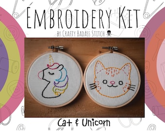 DIY Children Embroidery Kit Unicorn and Cat Themed, Handmade Needlework Set, Kids Craft Activity
