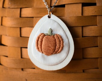 Pumpkin Embroidered Wooden Hoop Necklace I Handmade  Pendant | Unique Jewelry | Nature Inspired Gift