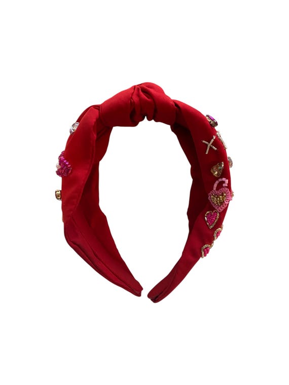 Red Beaded Valentine Headband | Heart & Lip Rhinestone Hair  display picture 1