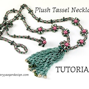 May include: A green and pink beaded necklace with a matching tassel. The necklace features a floral design and the text "Plush Tassel Necklace TUTORIAL".