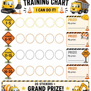 May include: A construction-themed potty training chart featuring yellow excavators, dump trucks, and cement mixers. The chart includes rows for stickers 1-20, prize sections with construction signs, and text reading MY POTTY TRAINING CHART.