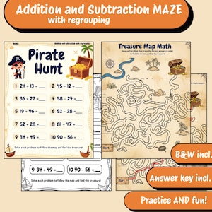 May include: A set of educational math worksheets titled Pirate Hunt and Treasure Map Math featuring addition and subtraction problems with regrouping. The pages include a pirate character, a treasure chest, and a maze path to solve.