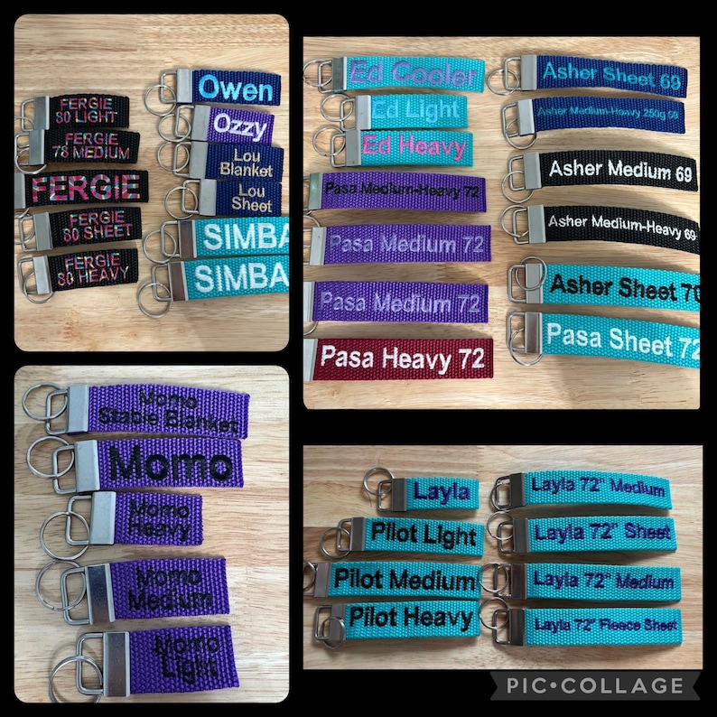 May include: A collage of colorful keychains with embroidered names and text. The keychains are made of fabric and have silver metal rings. Some of the keychains have text like "Fergie 80 Heavy", "Momo Stable Blanket", "Pasa Heavy 72", "Layla 72" Fleece Sheet", and "Pilot Heavy".