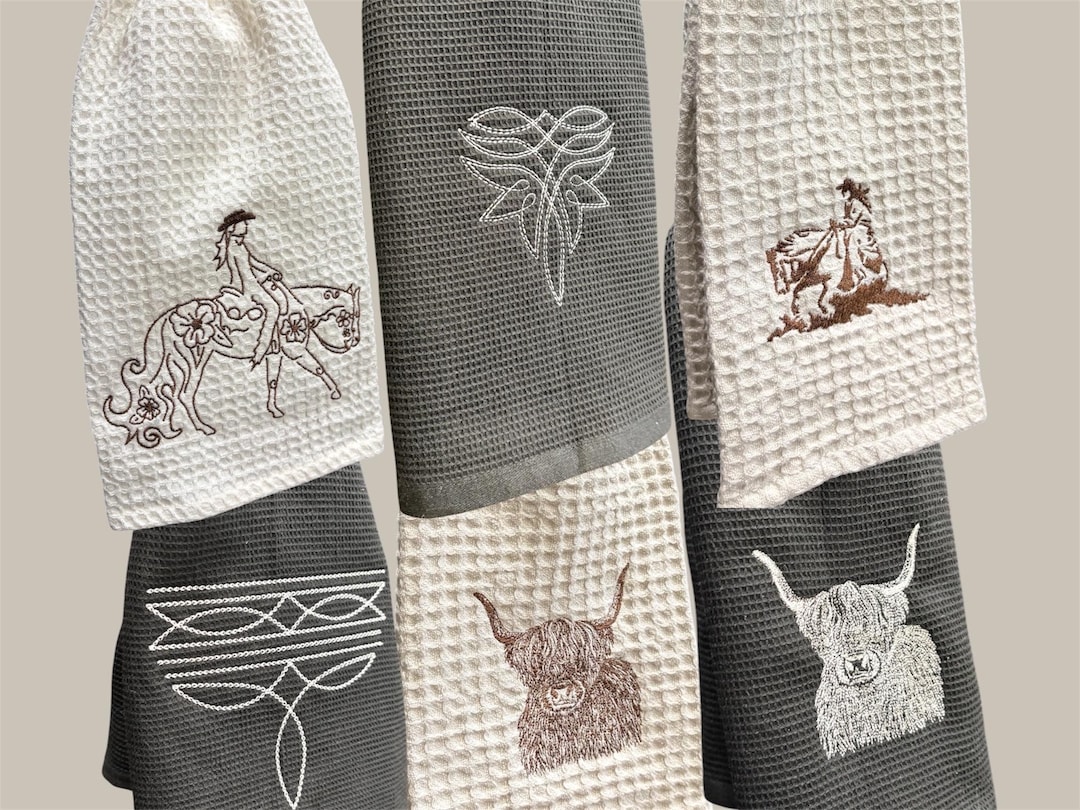 Western Decorative Towels! Boot stitch, Reining, Highland Cow, Western Pleasure Horse. - Black w/ Boot Stitch