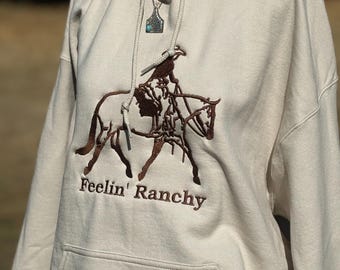 Sudadera con capucha o cuello redondo con bordado "Feeling Ranchy", para espectáculos ecuestres, equitación, western, stockseat, equitación, rancho