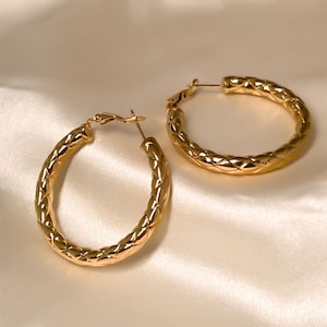18K Gold Plated Hoop Earrings For Women, Bamboo Earrings, Personalized Gold Hoop Earrings, Minimalist Earrings For Women, Wedding Style