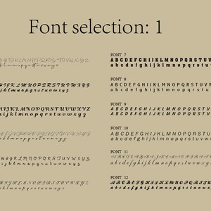 May include: A selection of 12 different fonts displayed in uppercase and lowercase letters. The fonts are labeled with numbers 1 through 12.