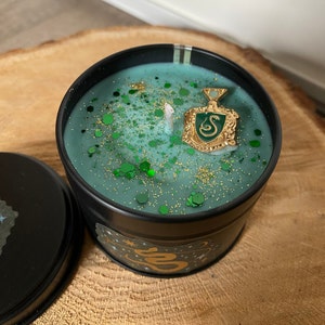 May include: A green and gold candle with a glitter finish in a black tin container. The candle features a gold charm with a green snake and the letter "S" on it. The tin has a design of a snake and stars.