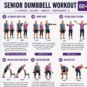 Op de afbeelding: Een wit informatieposter getiteld Senior Dumbbell Workout 60+ met negen genummerde oefenillustraties. Elke sectie toont begin- en eindposities voor oefeningen met dumbbells, inclusief tekstuele instructies en het aantal herhalingen.