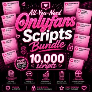 Può includere: Una grafica digitale per un pacchetto di script Onlyfans con testo rosa neon su sfondo nero. Il design include elenchi di categorie di script come Welcome Message, PPV, Tip Response, Dirty Talk e Subscription Pitch, oltre a 10.000 script.