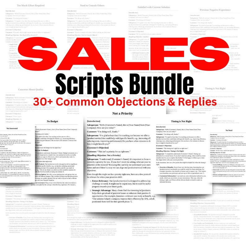 May include: A digital document bundle titled SALES Scripts Bundle 30+ Common Objections & Replies. The image displays multiple pages of text containing sales scripts, customer objections, and professional replies for business communication.