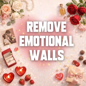 May include: A romantic arrangement featuring roses, strawberries, a ring box, and heart-shaped candles. The image includes the text "REMOVE EMOTIONAL WALLS" in large white letters, suggesting a theme of love and relationships.