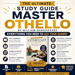 May include: A digital study guide for Othello by William Shakespeare featuring a gold and navy blue color scheme. The cover displays a Venetian mask and a building by the water. Text includes plot summaries, character profiles, and exam strategies.