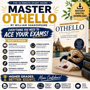 May include: A digital study guide for Othello by William Shakespeare featuring a book cover with a Venetian mask and lace handkerchief. The guide includes sections on plot, character profiles, themes, language, historical context, and exam strategies.
