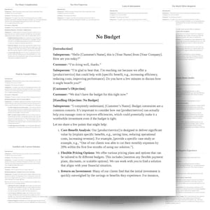 May include: A document titled No Budget featuring a sales script template. The text includes an introduction, customer objection, and handling objection section with placeholders for product, service, and company names, plus three numbered points.